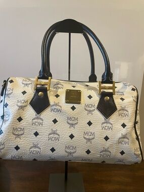 MCM White Visetos Satchel with Black Trim and Gold Hardware